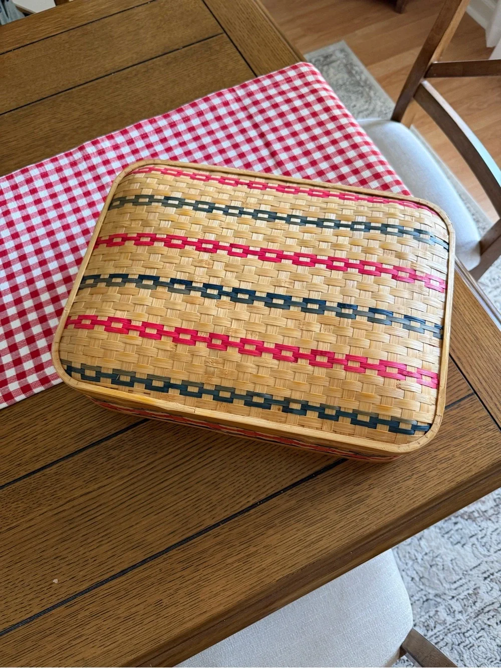 Woven Casserole Basket with Red and Blue Accents